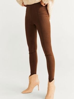 MNG Mango High-Waist Caramel Brown Faux Suede Ponte Leggings M